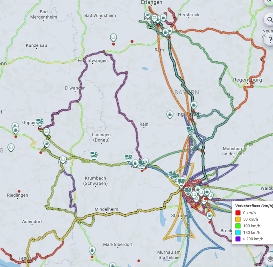 NUNAV Courier displays a network of optimised local freight routes, depots and current traffic flows in southern Germany