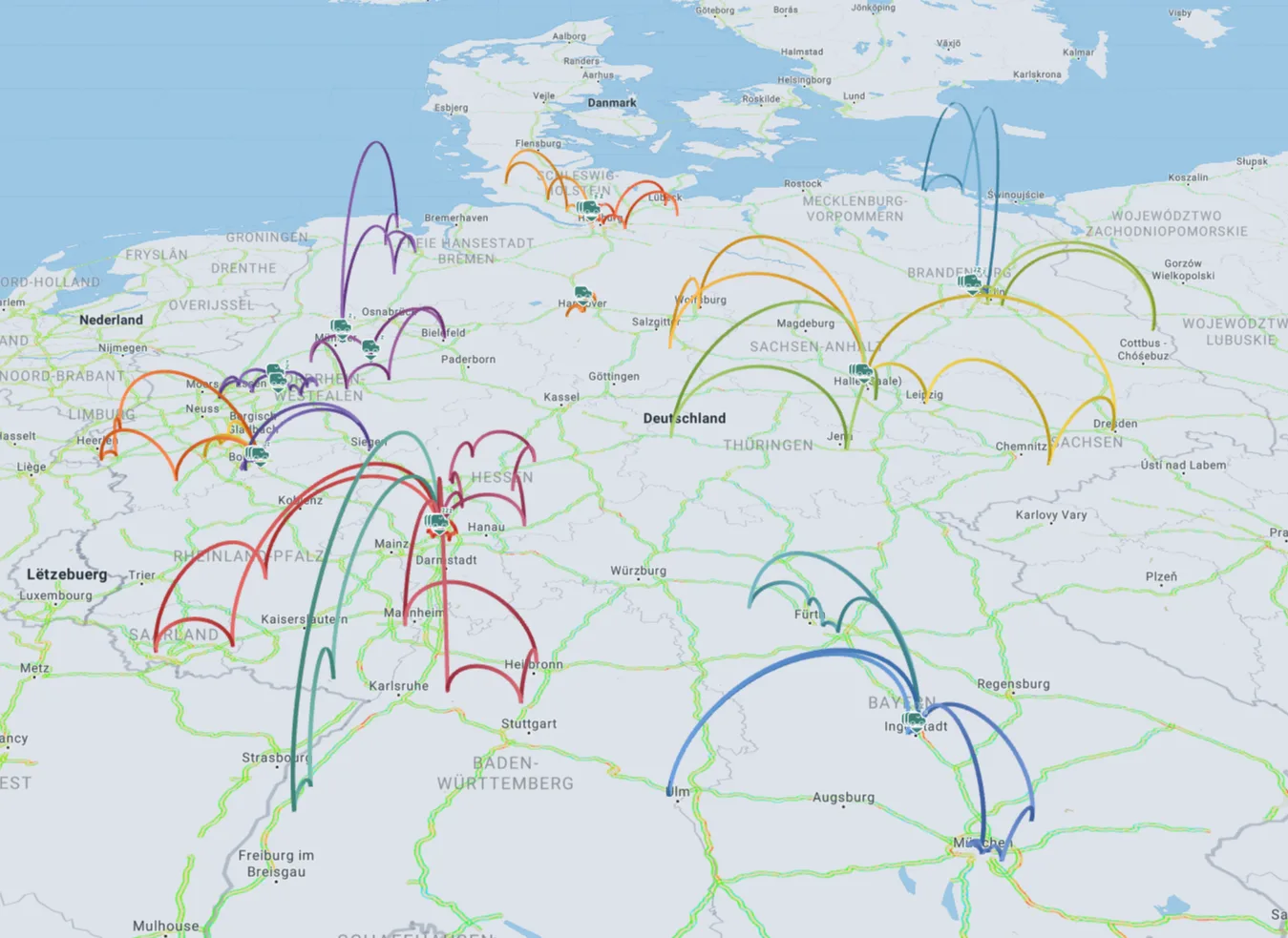 NUNAV Courier displays a nationwide network of optimised pharmaceutical delivery routes on a map